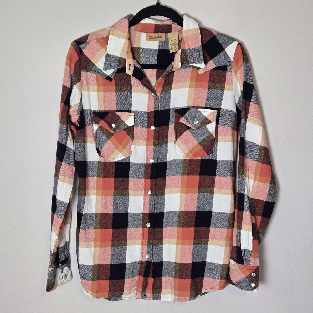 Wrangler Women's Western Pearl Snap Flannel Shirt Orange Plaid Long Sleeve